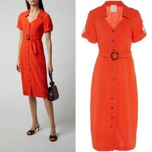 USISI Daryl Orange Linen Blend Belted Midi Dress